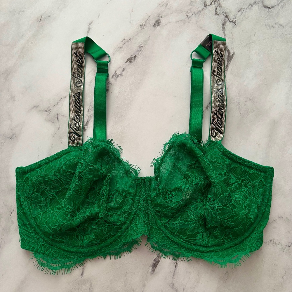 Victorias Secret Nwt Lace Logo Shine Strap Verdant Green Dream Angels Bra 34DDD